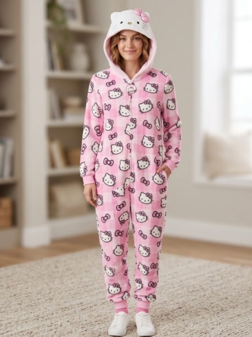 NEW! Hello Kitty Pink Hooded Fleece One-Piece Pajama Sz Large NWT